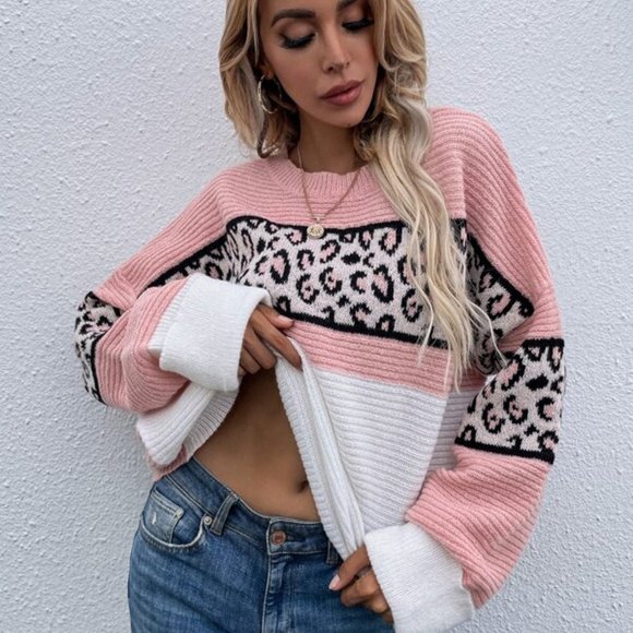 FIERCE DOLLZ Leopard Pattern Color Block Drop Shoulder Sweater - Picture 5 of 5